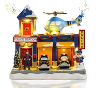 Vipush Decoración de casa de pueblo de Navidad, estación de policía, decoración del hogar, figuras de construcción de interiores, tren giratorio con luz LED y 8 música navideña para niños