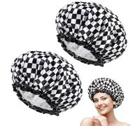 VireEyU Gorro de ducha grande para mujeres con cabello largo, paquete de 2, diseño elegante de ajedrez, doble capa, impermeable, reutilizable, lavable, sin olor para gorro de noche (L)