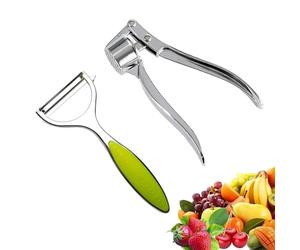 VireEyU Juego de 2 Utensilios de Cocina de Acero Inoxidable, Cuchillo Pelador y Prensa de Ajo, Machacador de Ajo,Picador de Ajo,Pelador de Verduras y Patatas de Acero Inoxidable con Cuchilla Afilada