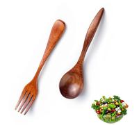 VireEyU Juego de cubiertos para ensalada de madera, 2 piezas, cubertería rústica que incluye tenedor y cuchara para ensalada, Aspecto natural de madera para la cocina (17,5 cm)