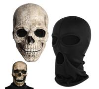 VireEyU Máscara de Calavera Realista para Halloween con Mandíbula Móvil y Capucha Negra | Máscara Completa de Esqueleto en Látex Natural, Ideal para Halloween y Cosplay