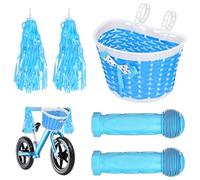 VireEyU Set de Accesorios para Bicicleta Infantil: Puños Azules y Borlas Coloridas con Cesta Azul, Agarre Seguro para Manillares de 22mm, Ideal para Patinetes, Incluye Serpentinas Brillantes