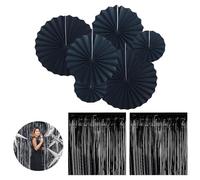 VireEyU Set de Decoración de Fiesta 8 Piezas en Negro: 2 Cortinas de Lámina Brillante y 6 Abanicos de Papel, Perfecto para Bodas, Cumpleaños y Celebraciones, Cortina Metálica 1x2 Metros