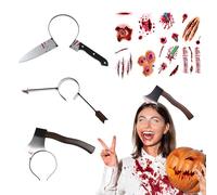 VireEyU Set de Halloween con 60 Tatuajes de Cicatrices de Zombie y 3 Diademas de Terror, Tatuajes Temporales de Heridas, Impermeables, Ideales para Fiestas de Disfraces y Eventos