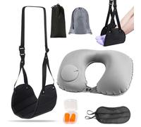 VireEyU Set de Viaje: Reposapiés para Avión & Almohada para Cuello - Hamaca para Pies Ajustable con Máscara para Ojos y Tapones para los Oídos Incluidos, Portátil, para Avión, Oficina, Coche, Negro