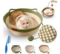 Virela Woven Rope Cat Basket, Hand Woven Cats Bed, Cat Foldable Sleeping Basket, Cats Scratching Mat with Ball for Indoor (Green(with Cushion),Small)
