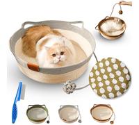 Virela Woven Rope Cat Basket, Hand Woven Cats Bed, Cat Foldable Sleeping Basket, Cats Scratching Mat with Ball for Indoor (Gray(with Cushion),Small)