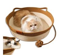 Virela Woven Rope Cat Basket, Virelapets Cotton Rope Woven Cat Bed Basket with Toy Tail, Beds Indoor Cats with Pet Toy and Blanket, Protects Furniture, Blanket (Khaki no Cushion,M/42cm)