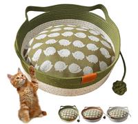 Virelapets - Virela Pets Woven Rope Cat Basket, Cute Cat Bed with Built-in Scratching Mat & Play Ball, Pet Gift Basket for Cats, Semi-Enclosed Design, Breathable & Durable (Green-S,with Pad)