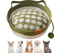 VirelaPets Woven Rope Cat Basket, Virelapets Cotton Rope Woven Cat Bed Basket with Toy Tail, for Small, Medium and Large Pet (Green Padded,Small)