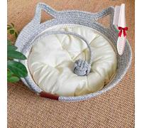 Virelapets Woven Rope Cat Basket,Virelapets Hand Woven Rope Cat Bed,with Built-In Scratching Mat & Play Ball,For Indoor Pet (B(White Cushion), L(Within 22lb/10KG))