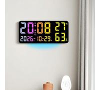 VIRELLO Reloj de pared LED, reloj digital grande RGB que cambia de color con pantalla de temperatura y humedad, calendario de alarma doble, escritorio de plástico ABS negro de 35 cm o colgante para