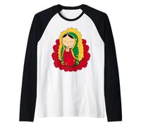 Virgen de Guadalupe Cartoon Style Cute Catholic Faith Tee Camiseta Manga Raglan