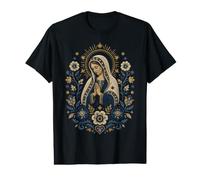 Virgen María Azul Floral Católico Devocional Arte Popular Icono Camiseta gráfica económica