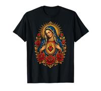 Virgen María Corazón Católica Rosa Sagrada Devocional Icono Arte Camiseta