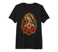 Virgen María Corazón Católica Rosa Sagrada Devocional Icono Arte Camiseta Premium