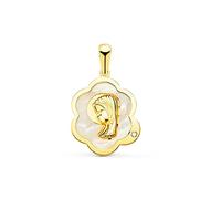 Virgen Niña medalla oro 18k Primera Comunión 15mm. nácar forma nube circonita