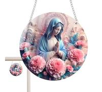 Virgin Mary Ornament, 2D Acrylic Window Decor, Mother Mary Window Ornament, Flower Virgin Mary Art Panel, Round Mary Ornament for Window, Virgin Mary Indoor Outdoor Decor