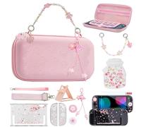 VirgoCCY Juego de funda de transporte rosa para Nintendo Switch 2 2025, con fundas de silicona j-con, tapas de agarre para el pulgar, protector de pantalla, correa de mano Sakura y calcomanías para