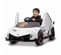 Virimolo Coche eléctrico para niños, Lamborghini, batería Longwei de 12 V 7 Ah con cargador Sandan, puertas de tijera, mando a distancia de 2,4 GHz, faros LED y música, coche eléctrico para niños