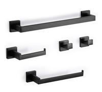 Virklyee Perforación Conjunto Toallero de 5 Piezas 43CM Set de Juego de Toallero de Acero Inoxidable Porta de Papel de Baño 2 Gancho de Toalla Colgante de Pared Juego de Accesorios de Baño(Negro)