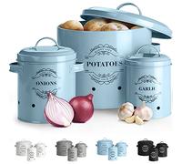 Virklyee Set 3 Barattoli in Metallo per Conservare Patate, Cipolle e Aglio - Contenitore per Frutta e Verdura, Organizza la Dispensa (Azzurro Chiaro)