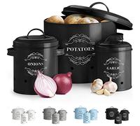 VirklyeeTarros de patatas Tarro de cebolla Tarro de ajo Juego de 3 Frascos de almacenamiento para frutas y verduras Tanque de almacenamiento de metal Botes para alimentos (Negro)