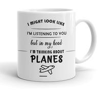 VIROSA Taza de aviones - "in My Head I'm Thinking About Planes" - Taza de cerámica de 325 ml - Regalo para los amantes de la aviación - Regalo de piloto