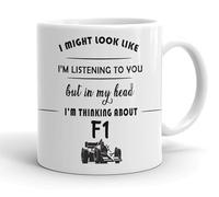 VIROSA Taza de café de cerámica de 11 onzas con texto en inglés "in My Head I'm Thinking About F1", regalo para los fanáticos de la Fórmula Uno, regalo para deportes de motor