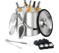 VirtuGro Cubitera de hielo de 4 litros con tapa y pinzas, cubo de hielo aislado de doble pared con colador de cuchara, cubos de hielo grandes de acero inoxidable para fiestas, hogar, bares, pubs