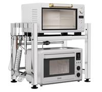 Virvia Estante extensible para horno de microondas, estante ajustable sobre microondas, soporte de encimera de acero inoxidable de 2 niveles con 4 ganchos para utensilios de cocina, almacenamiento de