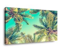Visario Cuadro de 120 x 80 cm sobre lienzo palmeras con vista verde 5028-SCT marca alemana y almacén. El cuadro está listo para colgar.