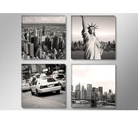 Visario Cuadro en lienzo 4 piezas 60x60 cm 6605 - Nueva York en blanco y negro - Skyline, Estatua de la Libertad, taxi y Puente de Brooklyn - Cuadros de 30x30 cm en bastidor de madera