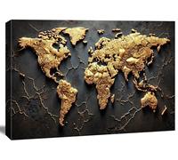Visario Cuadro mapamundi dorado 120x80 cm - Impresión artística 3D noble sobre lienzo | Arte moderno para sala de estar y oficina | N.º de artículo 5047