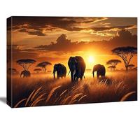 Visario Elefantes Cuadro 120x80 cm - Sabana Africana Atardecer | Impresión en lienzo | Arte Safari, Decoración Pared, Animales Salvajes, Naturaleza, Paisaje, XXL, Salón, Oficina - Ref. 5050