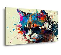 Visario Lienzo con diseño de gato y gafas de sol con auriculares, 80 x 60 cm