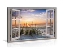 Visario nro. 5745-SCT Imagen en lienzo de 120 x 80 cm de marca alemana, con diseño de dunas a través de una ventana, enmarcada, lista para colgar