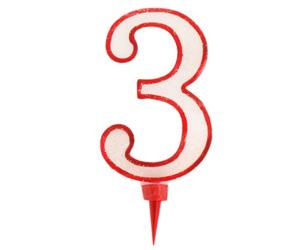 Viscio Trading 154769 Vela cumpleaños número 3, Cera, Blanco/Rojo, 12 x 24,5 x 1,5 cm