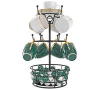 Visentor Soporte para tazas de café, soporte giratorio de metal para tazas de café, soporte para tazas de café con mango de 3 niveles para 10 ganchos para tazas con cápsulas de taza y cesta de