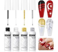 Vishine - Kit de esmalte semipermanente de gel de revestimiento de 4 colores, negro, blanco, oro, plata, 8 ml, pincel fino integrado para French Tips & Swirl Design, UV LED Soak Off Nail Art DIY