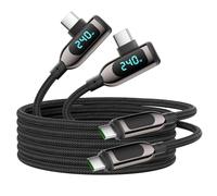 VisionSync Cable USB C a USB C 240W Ángulo Recto, 10ft, Pack de 2, Negro | Cable carga rápida Type C nailon trenzado pantalla LED para iPhone 17/16 Pro Max, Samsung S26/S25 Ultra, MacBook, iPad