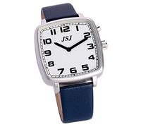 VISIONU TESW-1705U - Reloj parlante cuadrado inglés con alarma, fecha y hora que hablan, esfera blanca, correa de cuero azul, Correa
