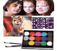 Víspera de Todos los Santos Pintura Facial, Halloween15 Colores Pintura de Cara Pintura Facial Seguro para niños y adultos, 2 pinceles, 40 Plantillas, Carnaval, Cosplay, Fiestas