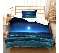 Vista al mar iluminada por la Luna Edredón Impreso En 3D con Funda De Almohada Sea Wave Juego De 3 Piezas De Ropa De Cama con Cremallera Oculta Microfibra Muy Agradable Single(135x200cm)