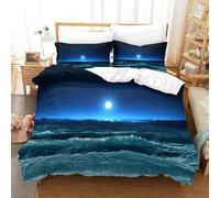 Vista al mar iluminada por la Luna Ropa De Cama De 3 Piezas con Edredón Impreso En 3D Sea Wave Funda De Almohada Y Cremallera Oculta Microfibra Suave para Adolescentes Single(140x200cm)