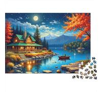 Vista de Cabina Junto al Lago Acogedora Rompecabezas de 1000 Piezas de Viaje para Adultos Cabina Junto al Lago en Noche de Luna Premium Robusto Alivio del Estrés 38x26cm/1000pcs