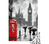 Vista de calle de Londres Puzzle de 1000 Piezas para Adultos Papel Gran Reloj Lluvia Cabina Telefónica Roja Juego de Puzzle 1000 Piezas Relajación Concentración Regalo Decoración Hogar 70x50cm/1000pcs