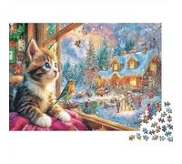 Vista de Gato Invernal Rompecabezas de Papel Grueso Gatito Mirando el Pueblo Invernal Desde la Ventana, Pack Regalo de Rompecabezas contra el aburrimiento 52x38cm/1000 Piezas