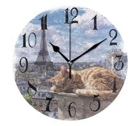 Vista De La Torre Eiffel De París Y Gato Redondo Relojes De Pared Decorativo Reloj Decorativo Sin Tictac Reloj De Pared para Casa Decoración Hogar 25Cm