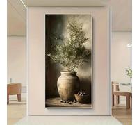 Vista de un lago de montaña desde una ventana abierta. Lienzo decorativo para pared con cascada y flores silvestres. Paisaje natural pintoresco (55 x 110 cm).